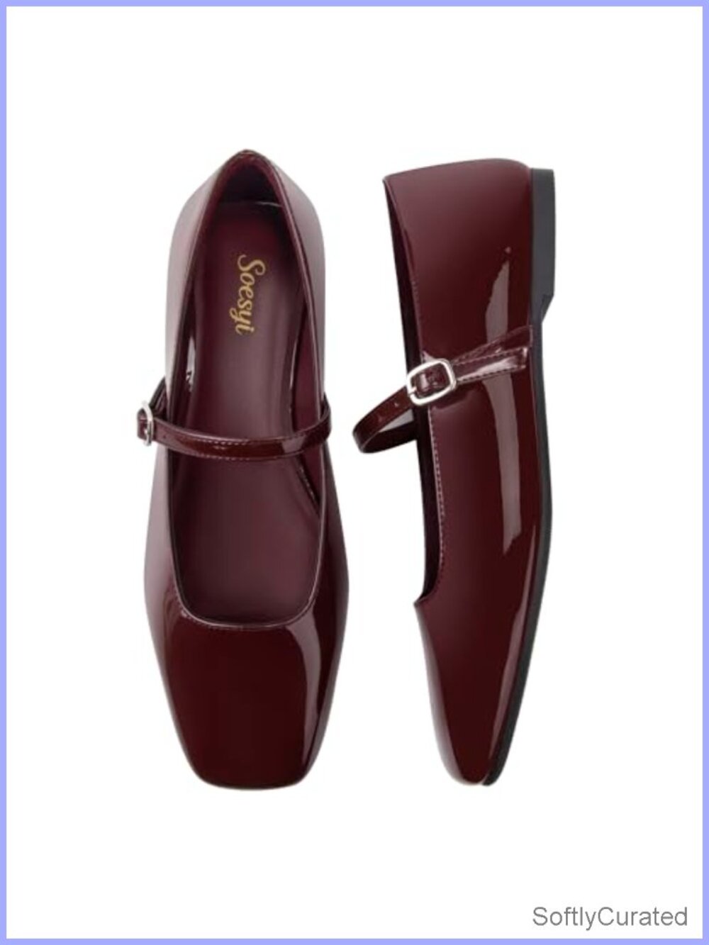 Mary Jane Ballet Flats Square Toe Faux Leather Ankle Strap Dressy Shoes